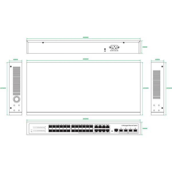 DC12V 8A 10GSFP L3 Gigabit Managed Ethernet SFP Fiber Switch 24 Port 128Gbps AC 100~240V