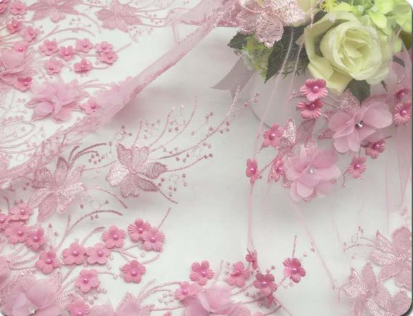 Polyester 3D flower embroidered Lace fabric with bead  for women garments