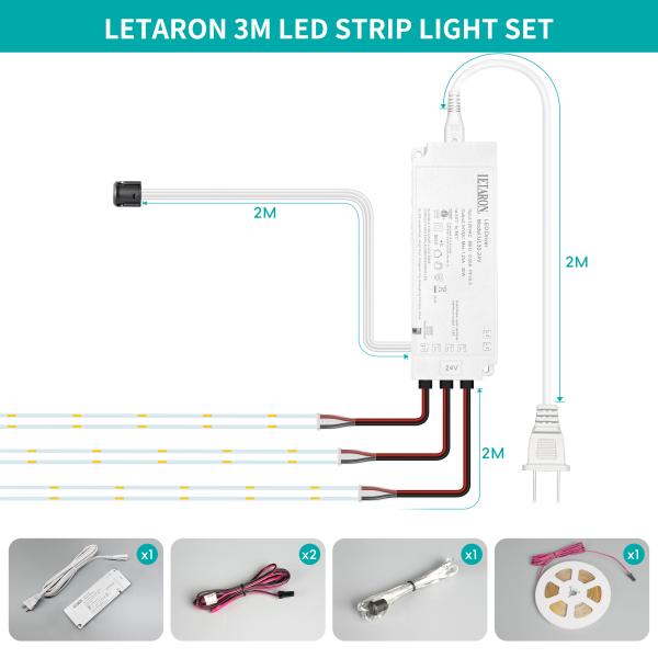 LETARON COB LED Strip Light 24V LED Tape Light,480 pcs/M LEDs,Super Bright High Lumen 6000K  White 3m,Dimmable with 3M Tape,30W UL Power Supply,TOUCH SWITH for Bedroom,Home,Kitchen DIY
