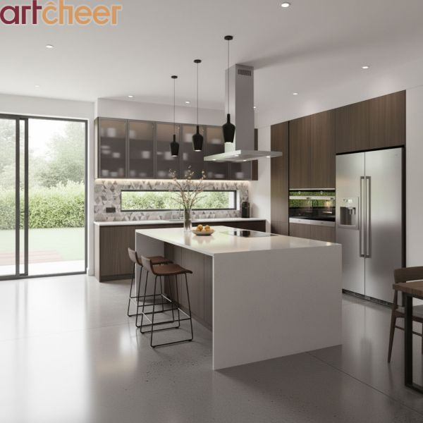 Modern UV High Gloss Kitchen Cabinet with Quartz Stone Island and Eco-Friendly Material