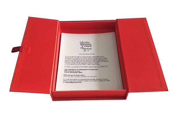 Cap Top Red Book Shaped Box , Magnetic Flap Box With 2cm Width Satin Tape