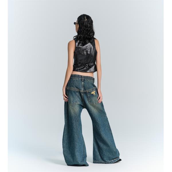 Streetwear Fashion Y2K Style Wide Straight Leg Fit Denim Jeans with Hole Decoration