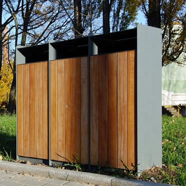 Outdoor steel dust Trash bin Metal wooden recycling bin commercial trash can
