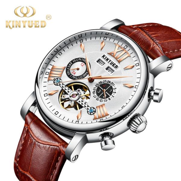 KINYUED J017-4  Gold Case Black Dial Leather Strap Complete Calendar Skeleton Waterproof Wristwatches montre homme