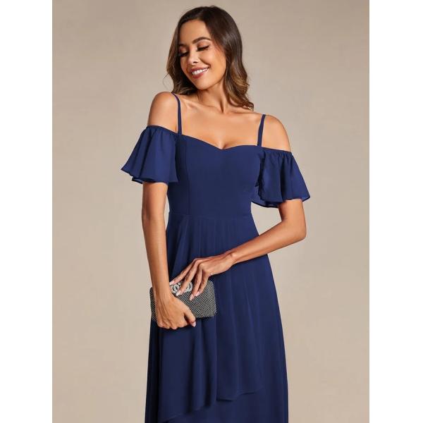 Empire Off-shoulder Spaghetti Strap Zipper High-low Wedding Guest Dresses Short Sleeves Navy Blue Chiffon Party Dress
