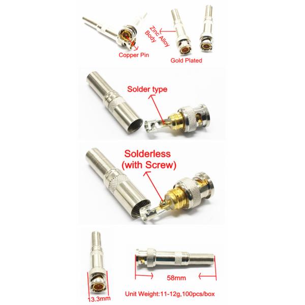 CCTV Male Straight BNC Cable Connector , BNC Solder Connector Copper Zinc Material