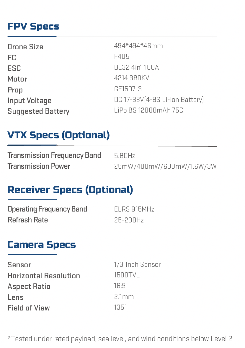 15 inch FPV drone with long range capability and 647mm wheelbase for stable agile flight