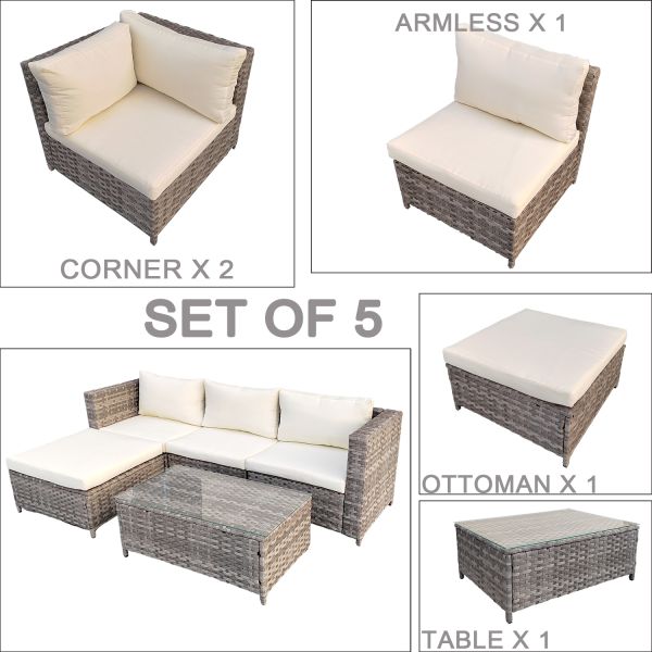 Set of 5 Garden Leisure Sofa Set PE Wicker Steel Frame Hand Weaving Garden Furniture