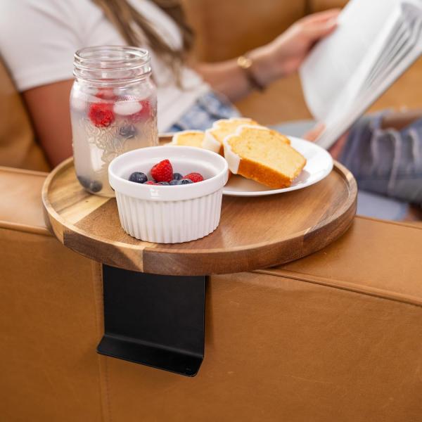 Customized Logo Acacia Couch Tray for Eco-friendly Adjustable Wooden Sofa Arm Table