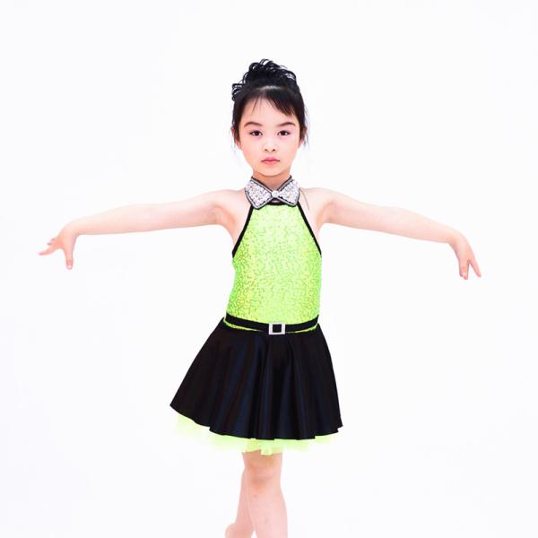 Fancy Polyester Lycra Girl Jazz Dance Dress With Rhinestones Choker Collar