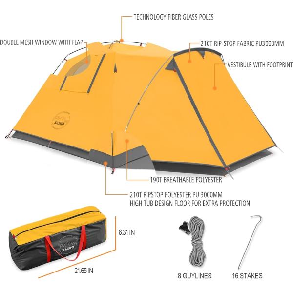 KAZOO 2／4 Person Camping Tent Outdoor Waterproof Family Large Tents 2/4 People Easy Setup Tent with Porch Double Layer