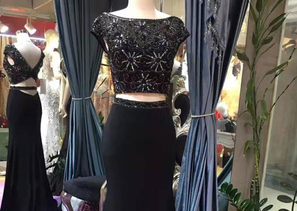 Black 2 Piece Mermaid Style Prom Dress Short Sleeve Invisible Zipper Fishtail
