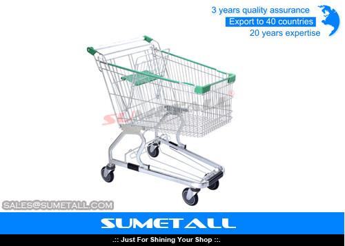 Strong Structure Supermarket Shopping Trolley With Green Plastic Baby Seat