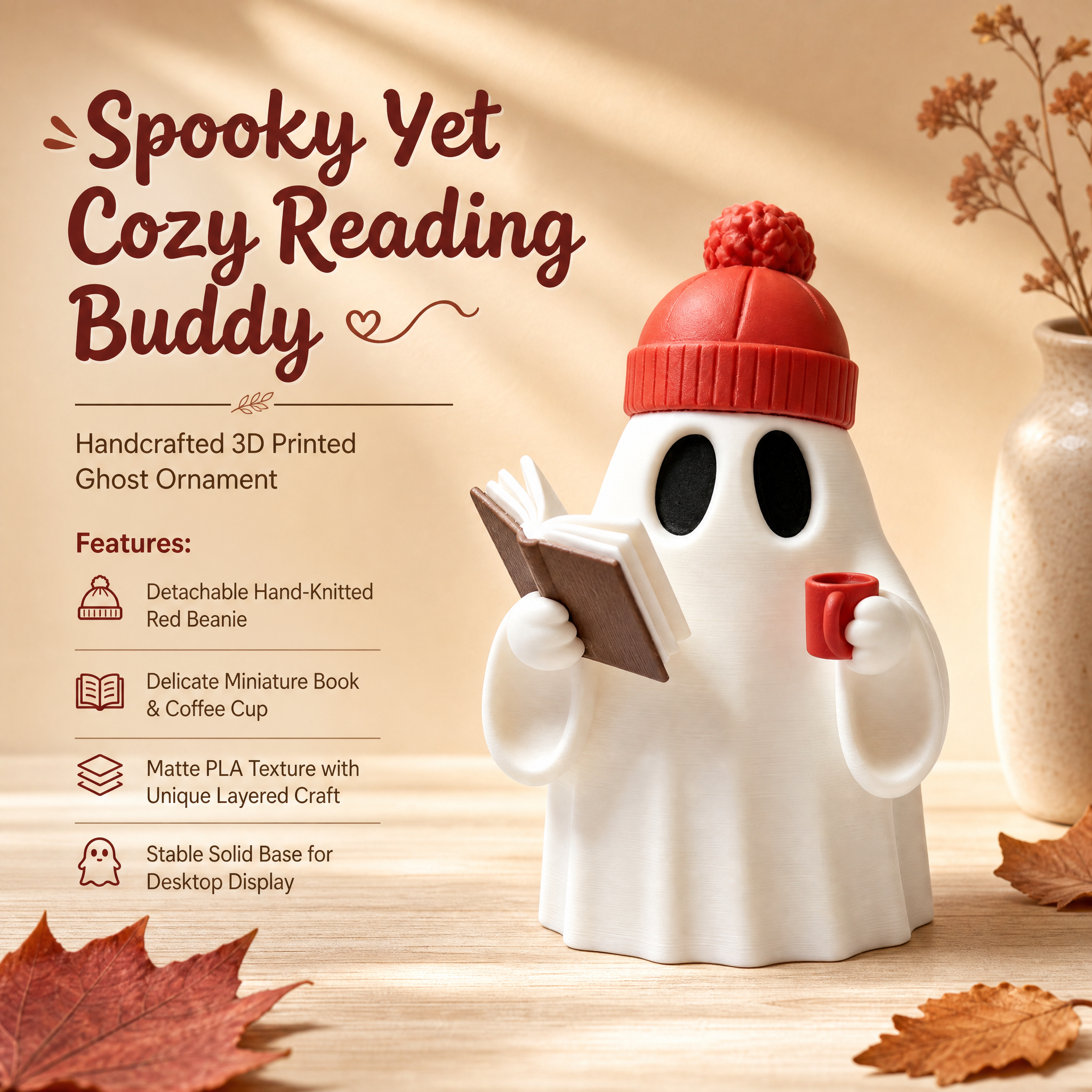 Matte PLA Made 3D Printed Holiday Decoration, Beanie Wearing Reading Ghost Decor for Library Table Display