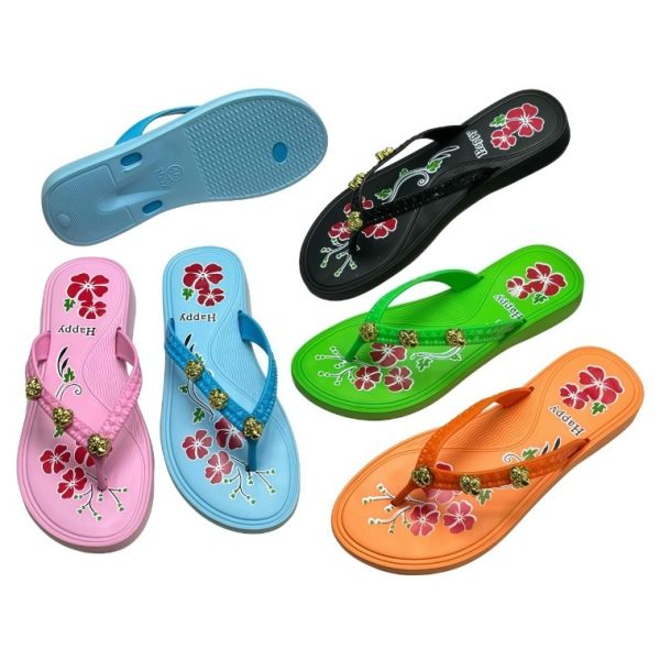 EVA Women Gold Decor Floral Print Flip Flops