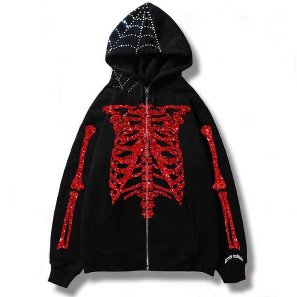 Custom Design Full Zip Up Hoodie with Double Layer Embroidery and Rhinestone Bling