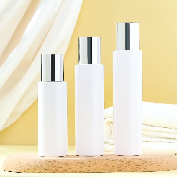 White PET Toner Bottle with Electroplated Silver Cap – High Impact Resistance Skincare Packaging Bottle