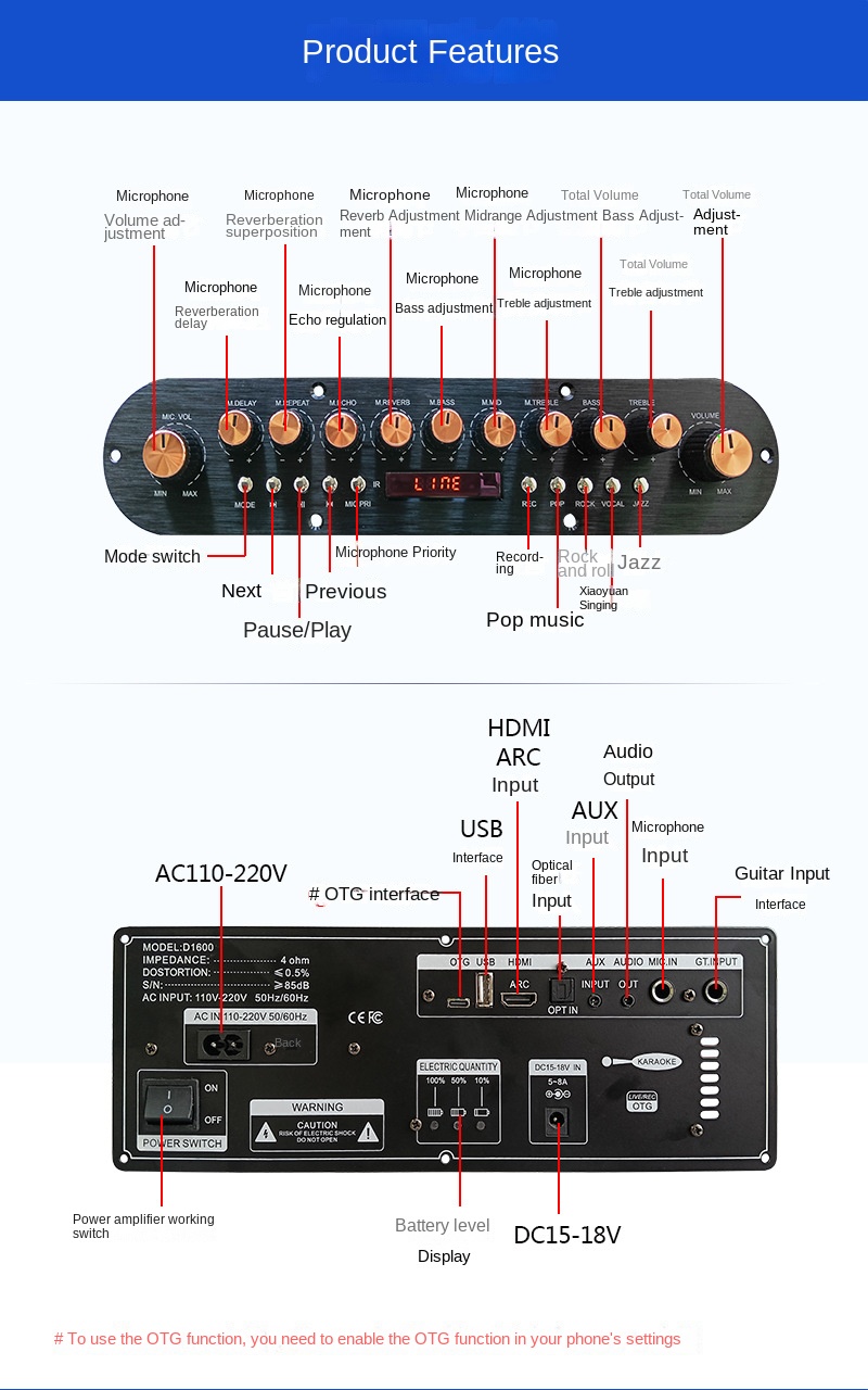 D1600 Portable Speaker Power Amplifier Board Square Dance Outdoor Karaoke Trolley Case for 12V Battery 220VDSP Sound