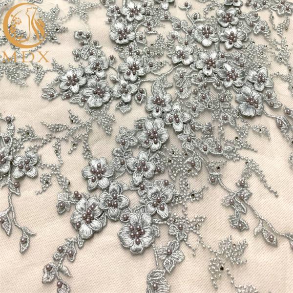 Tulle Lace Grey 3D Beaded Embroidery Fabric For Bridal Dress