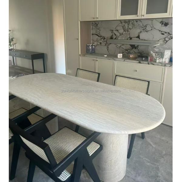 Polished Beige Round Travertine Dining Table Modern Stone Furniture for Living Room