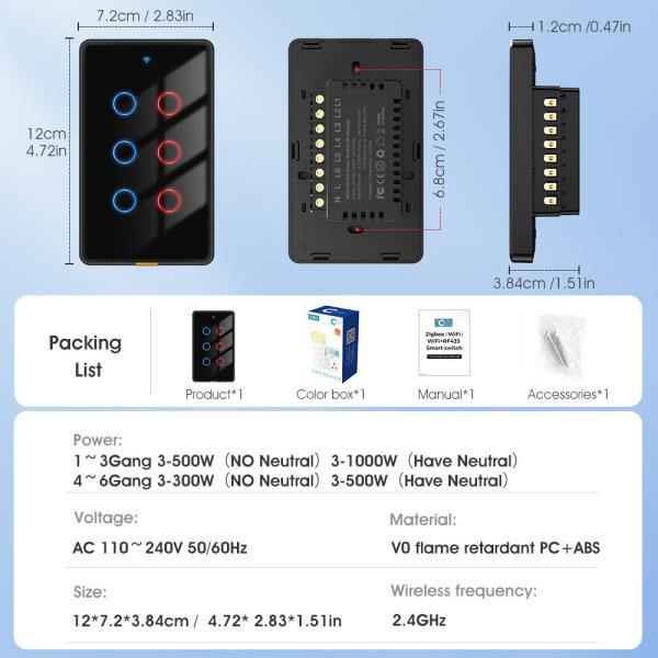 Tuya Smart WiFi 6 Gang Light Switch  No Neutral Wire, Timing, Voice Control, RF433, Alexa & Google Home Compatible