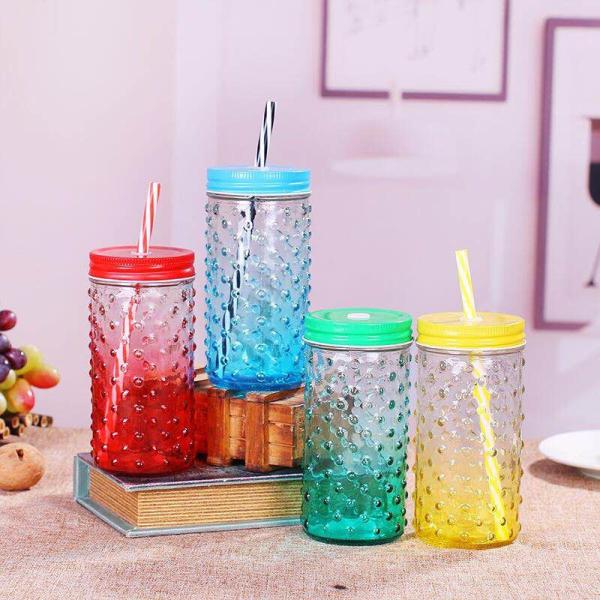 Custom made Big Wavelet dot  Shape glass juice jar mason jar with llid and straw