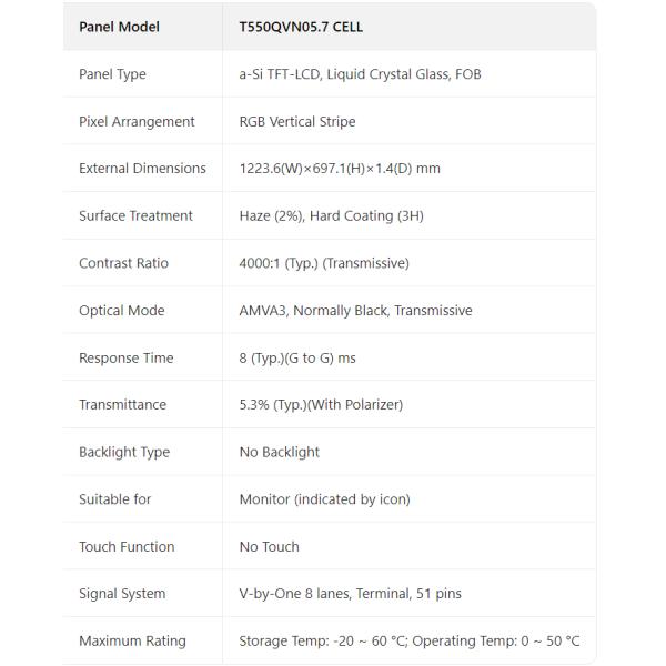 Big Size AUO LCD Panel 55 Inch A Grade T500HVN08.5 Screen Open Cell Spare Part TV Display Panel