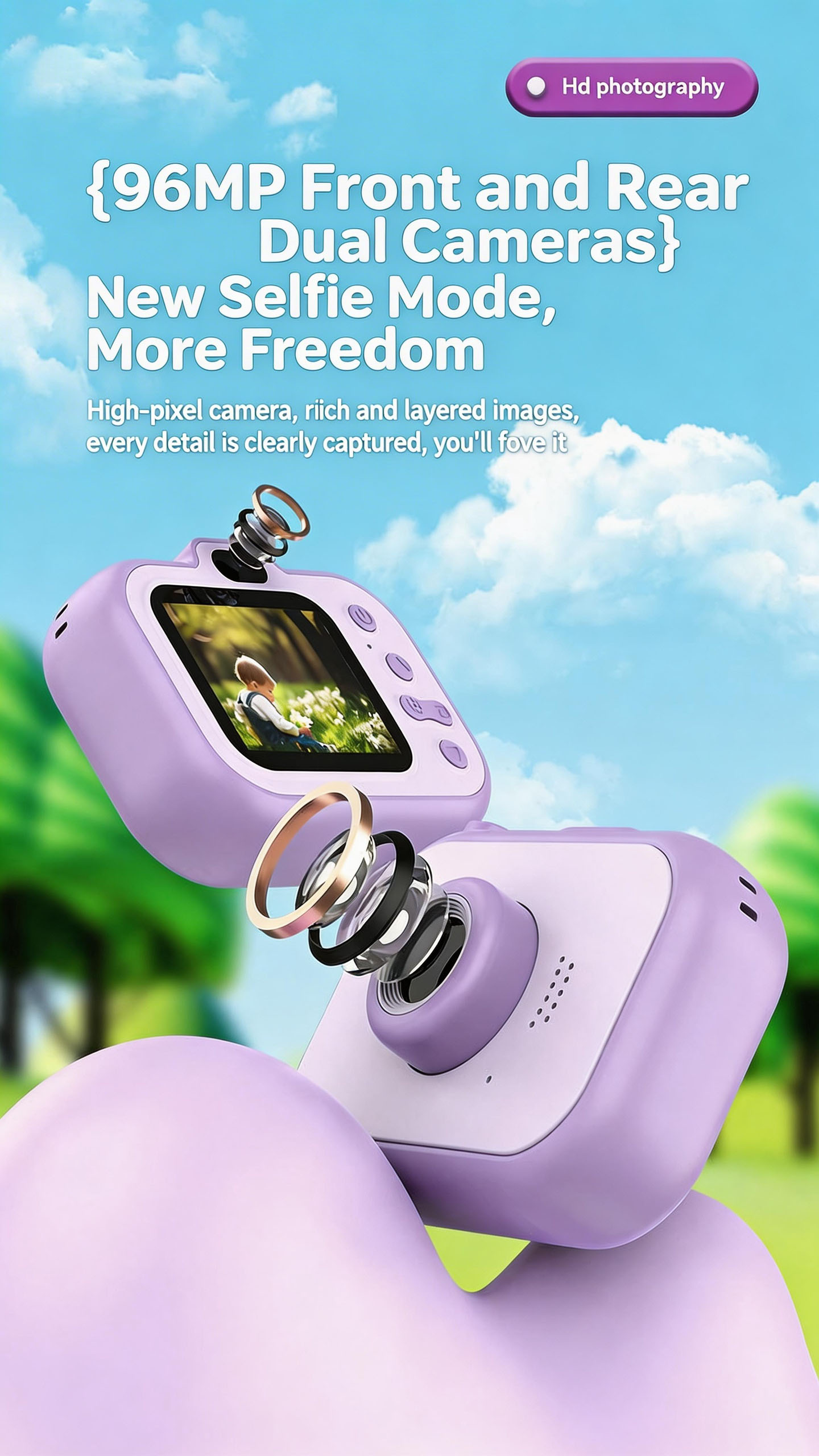 DLC Kids Digital Camera CMOS MicroSD 9600W Dual Lens 1080P HD Video 2.0