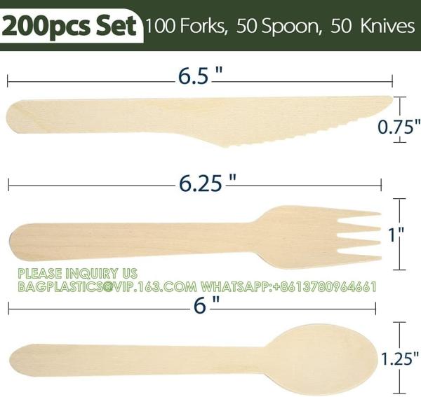 Disposable Wooden Cutlery Set, Pack Of 200 (100 Forks, 50 Spoons, 50 Knives) Biodegradable Compostable Utensils