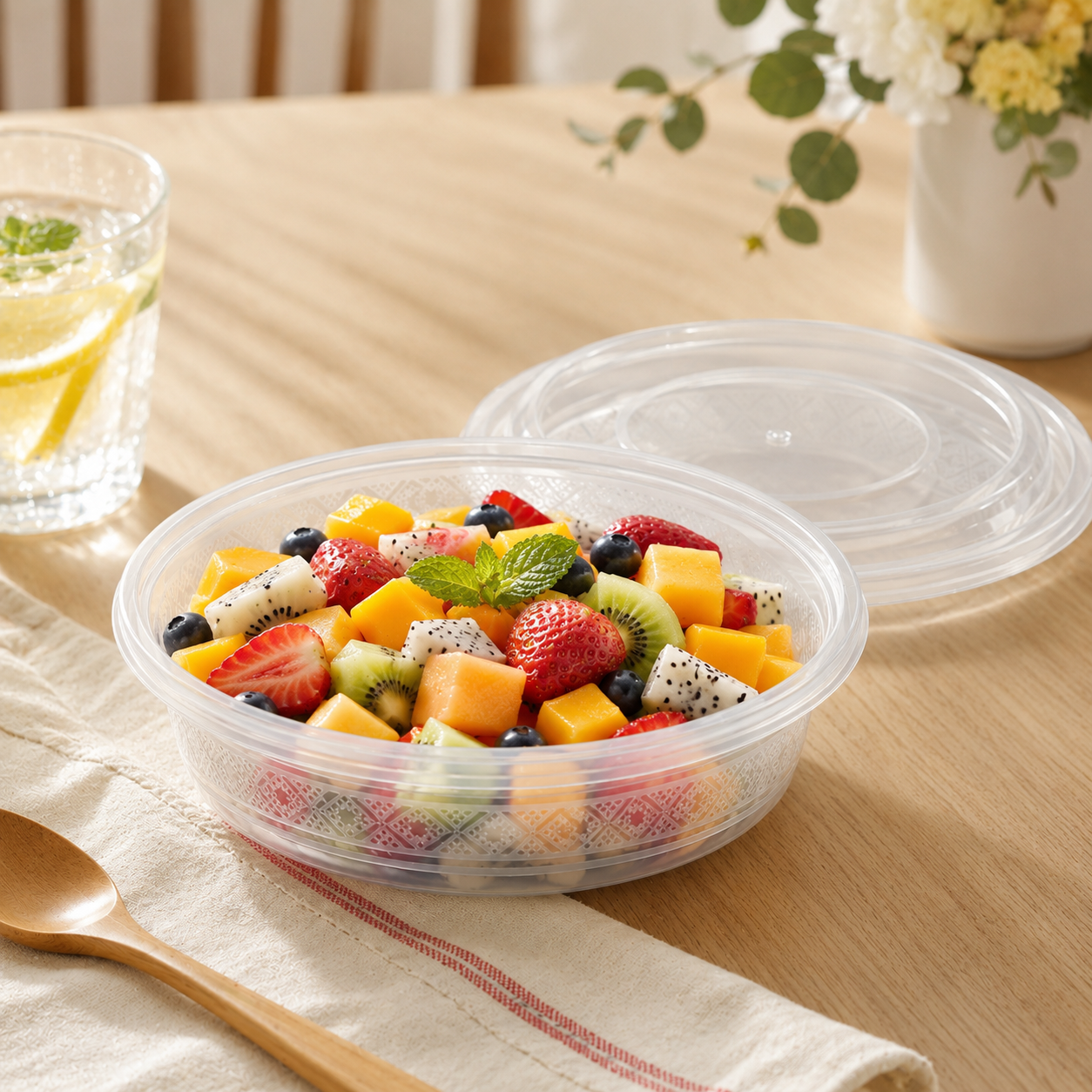 Clear Lid Wide PP Disposable Soup Bowls 750ml for Salads / Noodles