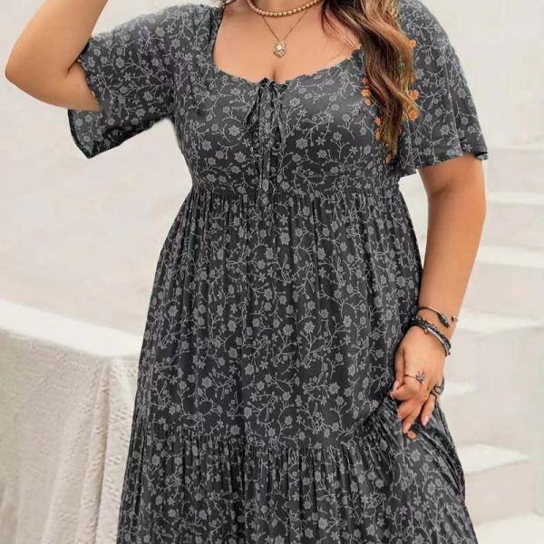 Bohemian style floral plus-size summer and autumn loose long dress, short-sleeve new floral slim-fit dress