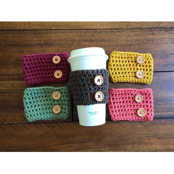Y-Z Neutral Color Reusable Farm House Crochet Coffee Sleeve Cup Cozy with Wood Buttons