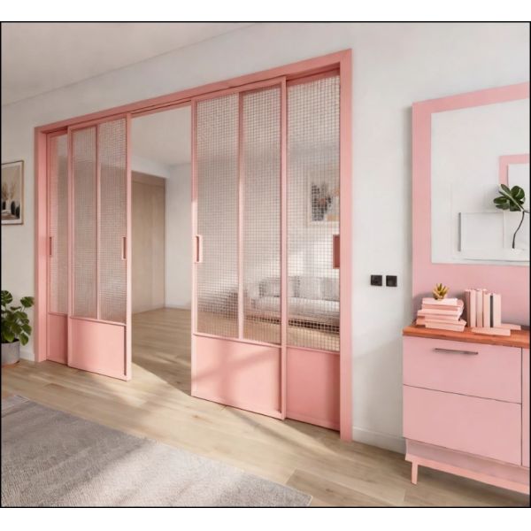 French triple linkage kitchen sliding door living room balcony titanium magnesium alloy partition hanging rail floor rail glass sliding door customization