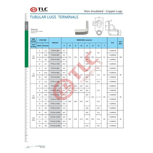 50-120mm2 90D Silver Round Copper Tube Lug Terminals Lug For Industrial Connection