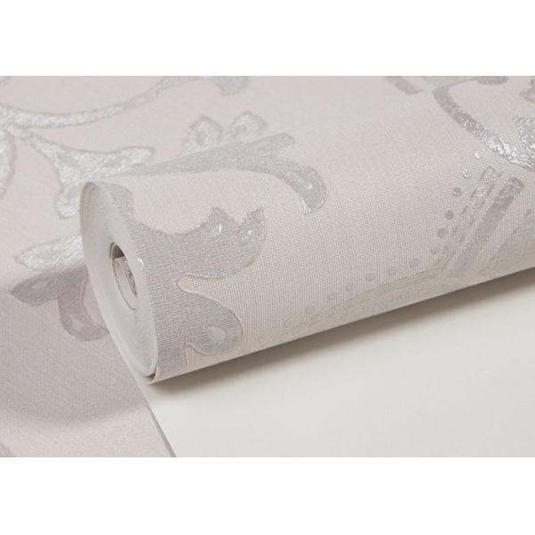 Creamy White Living Room Wallpaper with Embossed Symmetrical Floral Pattern