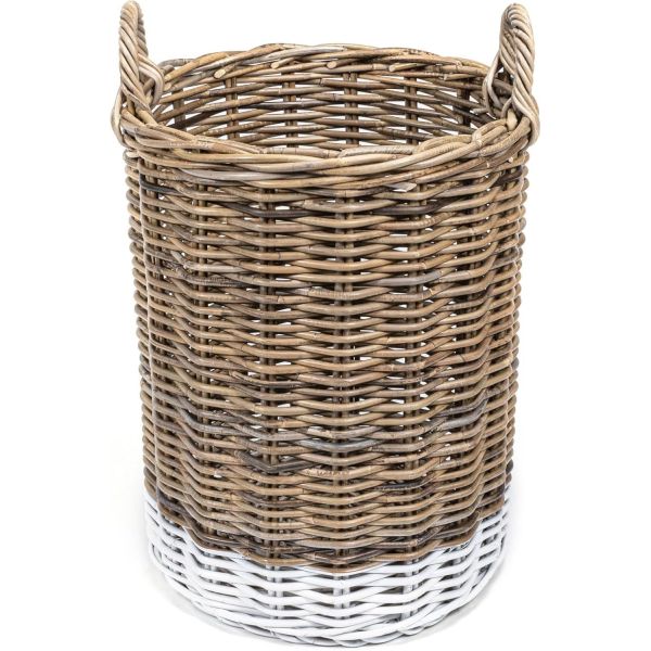 Rattan Kobo Round Storage Basket, Handwoven Rattan Basket With Handles, Organization & Home Decor For Storage, Gray-Brown