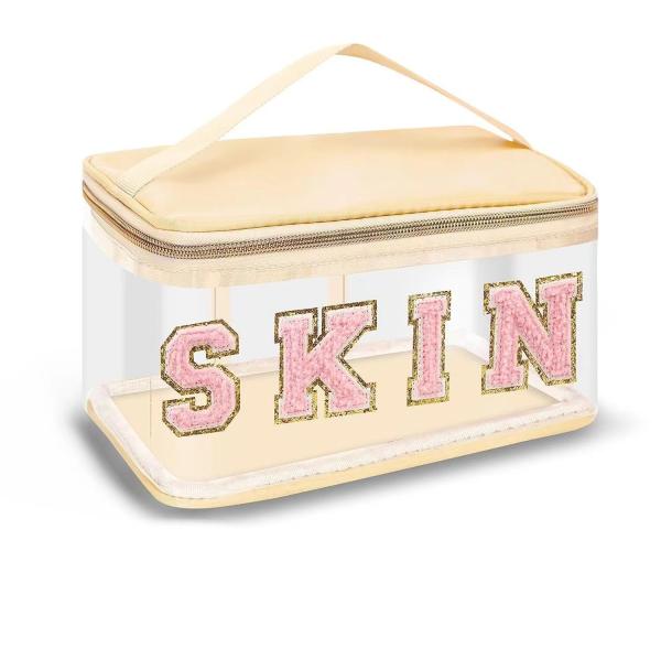 Chenille embroidery alphabet makeup bag Transparent waterproof PVC portable storage bag