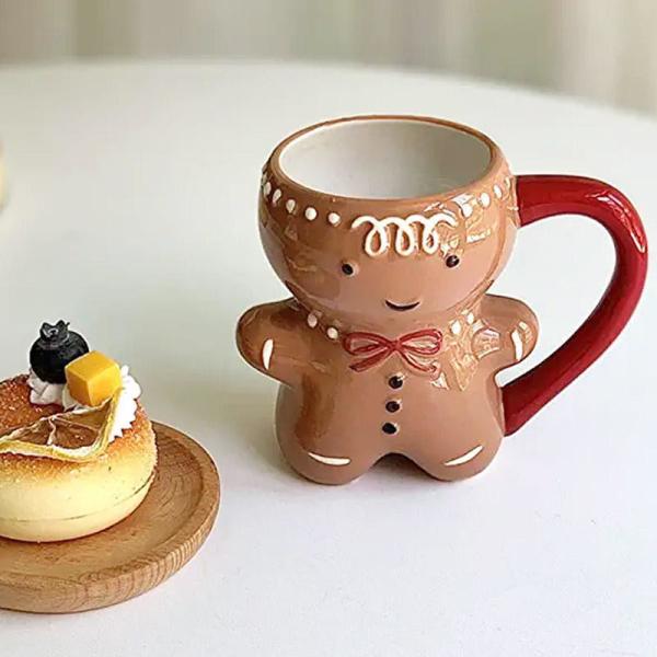 HANDGRIP 3D Cartoon 10OZ Cute Gifts Ceramic Gingerbread Man Coffee Mug for Christmas