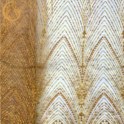 Shiny Sequins Embroidered Mesh Lace / Golden Bead Lace 80% Nylon