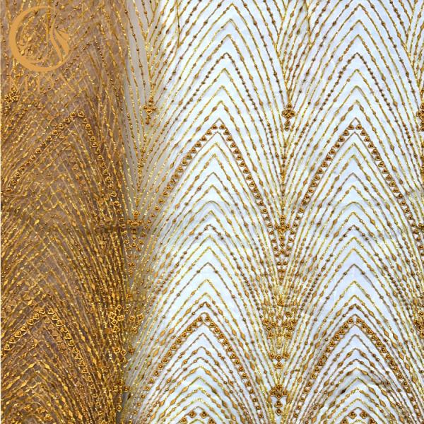 Shiny Sequins Embroidered Mesh Lace / Golden Bead Lace 80% Nylon