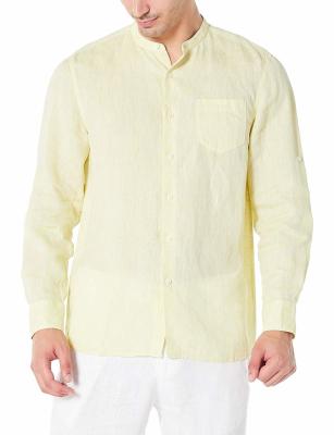Goose Yellow Chambray Spring Button Up Shirts Yarn Dyed Mens Linen Band Collar Shirt