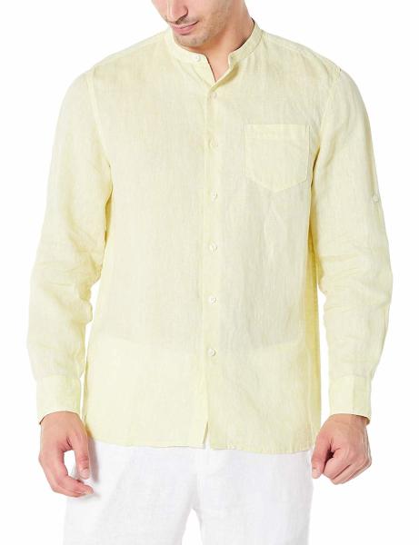 Goose Yellow Chambray Spring Button Up Shirts Yarn Dyed Mens Linen Band Collar Shirt
