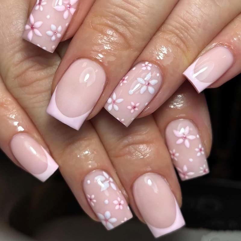 Pink French Tip False Nails Square Nude Base White Floral Glossy