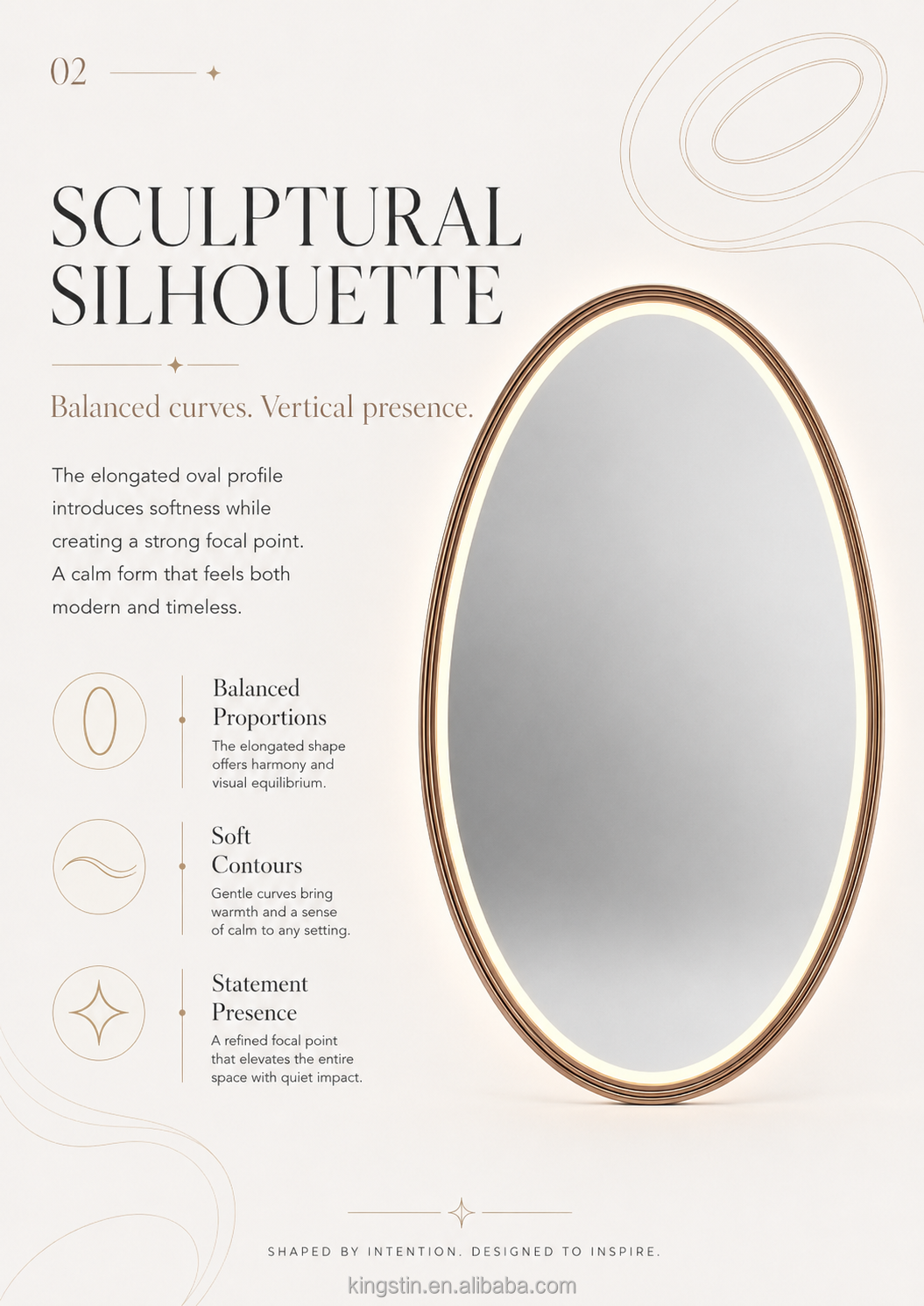Kingstin LED Smart Bathroom Mirror Water Drop Oval Makeup Mirror Aluminum Frame Touch Anti-Fog Wall Mirror