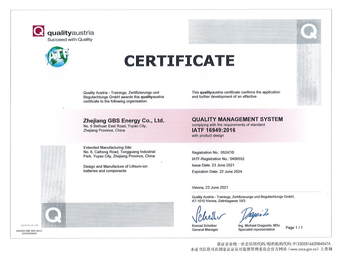 Zhejiang GBS Energy Co., Ltd. Сертификации
