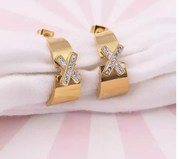 CE Stainless Steel Designer Jewelry X Rhinestone Inlaid Pendant Necklace Earrings Set