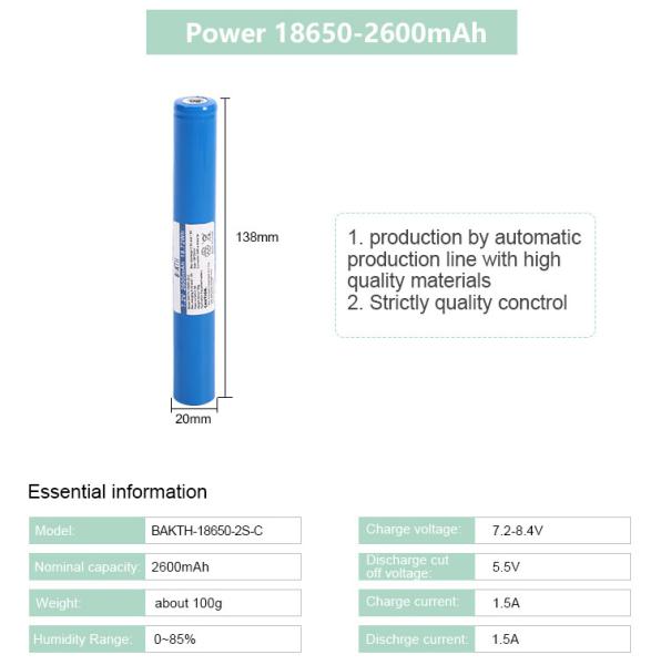 Camping Randonnée Lampe de poche LED Utilisation BAKTH-18650-2S-C 7.2v 2600mAh Batterie Lithium-ion Rechargeable