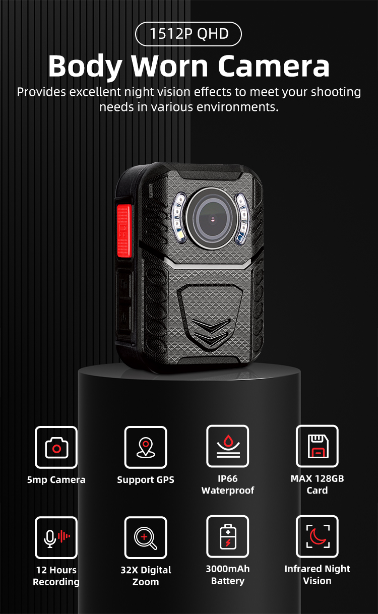 OEM/ODM 1512P QHD Body Cameras IR Night Vision Portable Body Wearable Cameras With 2.0 Inch Screen and GPS for Security Guard