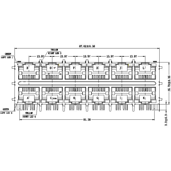 MD-15224TRU3-1 RJ45 multiport 2X6 10/100/1000 Base-T Through Hole