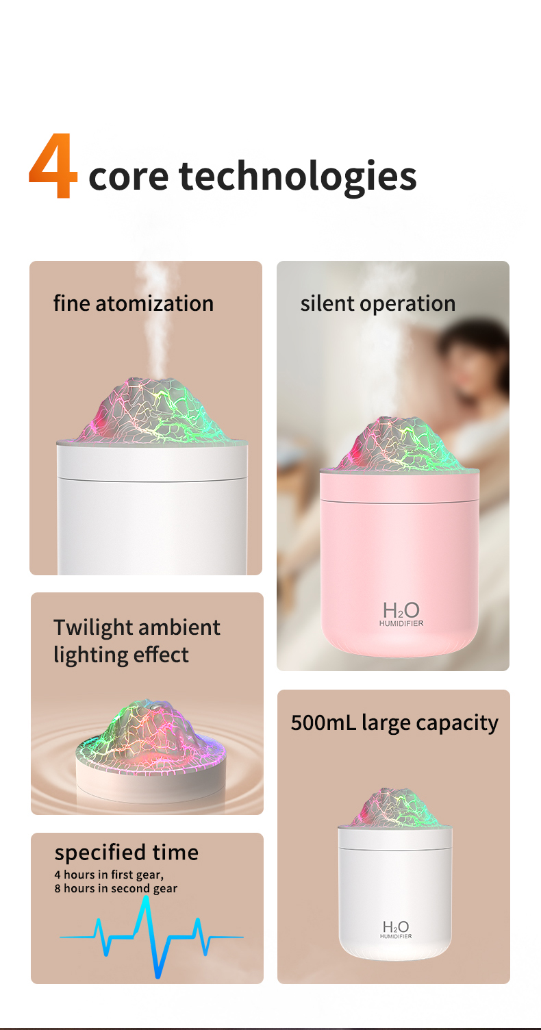 Portable Mini Volcano Humidifier 500ml USB Personal Desktop Ultrasonic Travel Tabletop Warm Cool Mist Personal Air Humidifier